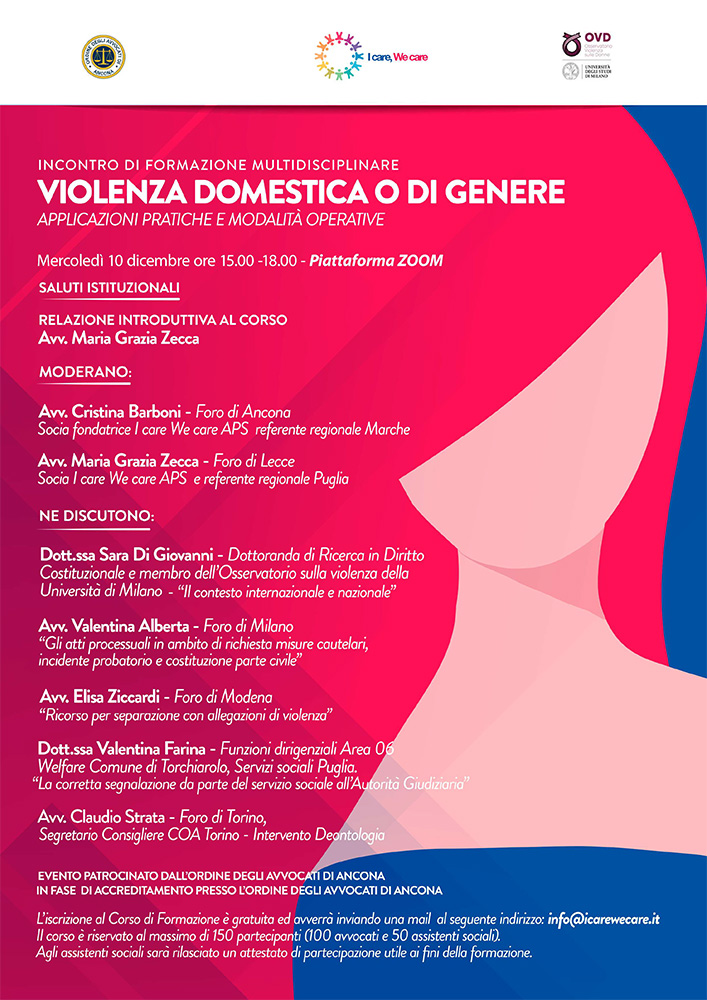 Incontro di formazione multidsciplinare: Violenza domestica o di genere. Applicazioni pratiche e modalità operative