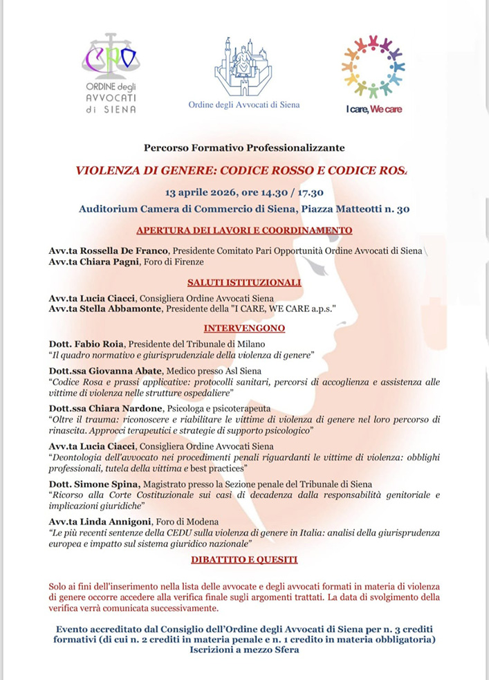 Percorso formativo professionalizzante: Violenza di genere: Codice Rosso e Codice Rosa